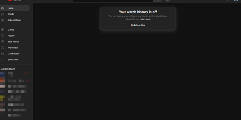 Screen shot of YouTube blank user homepage because viewing history is off.